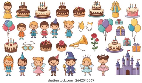 Whimsical Birthday Celebration A Colorful Collection of Festive Cartoon Characters and Decorations