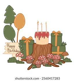 Whimsical birthday scene with a forest touch: gifts, cake, cupcakes and balloons. Rustic party setup with a tree stump and colorful decorations. Vector illustration for woodland birthday designs