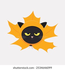 A whimsical black cat is angry wearing a hat in the shape of a yellow maple leaf. Vector