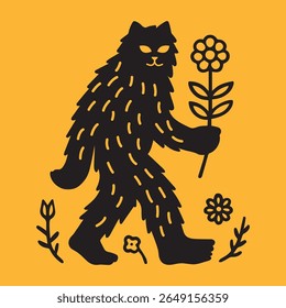 Caprichoso gato preto criatura segurando uma flor - Surreal ilustração felina antropomórfica sobre fundo amarelo arrojado, perfeito para impressões de arte peculiar, decoração mística, ou projetos gráficos com temática da natureza