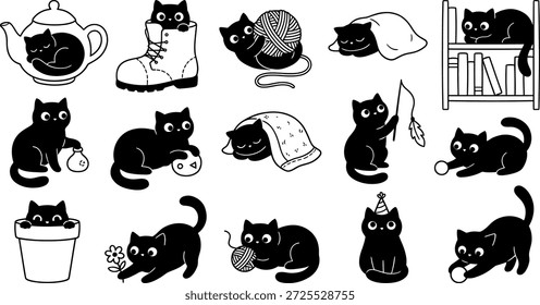 Caprichosas ilustraciones de gatos negros en varias escenas y poses