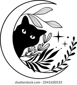 A whimsical black cat peeking through a crescent moon adorned with leaves and stars under a starry night sky