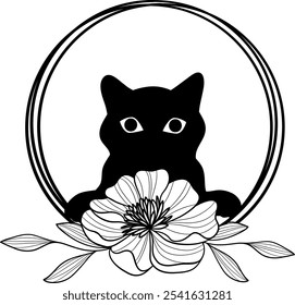 A whimsical black cat peeking through a floral wreath, symbolizing curiosity and nature's beauty in a minimalistic design