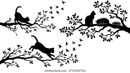 Gatos negros caprichosos en las ramas del árbol con la silueta de los pájaros voladores