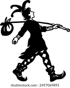 A whimsical black silhouette of a jester walking with a staff and sack. This playful illustration captures medieval charm, perfect for fantasy themes, theatrical projects, and creative designs.