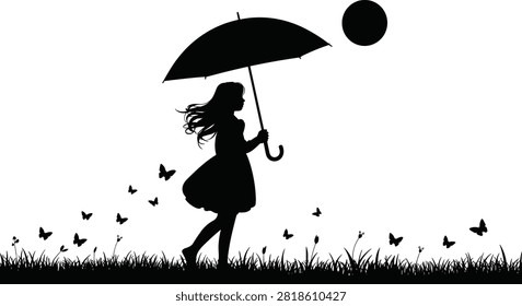 A whimsical black silhouette vector featuring a young girl walking through a grassy field under an umbrella, surrounded by flying butterflies and a glowing full moon. Perfect for fairy tale book covers, dreamy wall art prints, emotional storytelling graphics, and decorative vector backgrounds.