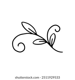 Un diseño caprichoso de vid y hojas negras con delicadas curvas y espirales sobre un fondo blanco.