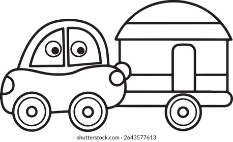 Whimsical Black and White Car and Trailer Illustration for Children Featuring Simple Shapes, Expressive Eyes, and Playful Design Elements Creating a Charming and Engaging Visual Narrative