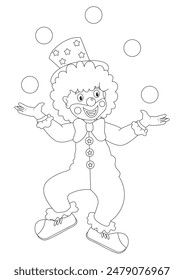 Whimsical Black and White Cartoon Clown Vector Flat Design Perfect for Coloring Pages and Creative Projects, Isolated on White Background