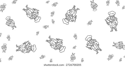 Ein skurriles schwarz-weißes Cartoon-Muster mit anthropomorphen Fischen, die als Köche gekleidet sind und Utensilien und Fische halten.