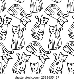 Whimsical Black and White Cat Seamless Pattern - Playful and Adorable Design for Fabric, Stationery, and Creative Projects