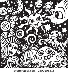 A whimsical black and white doodle art featuring a smiling sun, stars, and quirky characters in a playful illustration.
