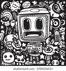 A whimsical black and white doodle art featuring a cute robot surrounded by playful and imaginative elements, stars, and planets.
