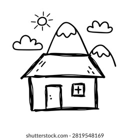 A whimsical black and white doodle of a cozy cottage nestled beneath snowy mountain peaks with a sun and clouds above