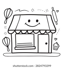 A whimsical black and white doodle of a smiling bakery shop with a cupcake and kitchen tools