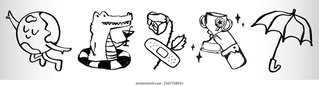 Whimsical black and white doodles of Earth, a crocodile, a rose, a trophy, and an umbrella. Playful and imaginative illustrations with quirky charm. Hand drawn vector set.