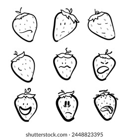 A whimsical black and white drawing of strawberries with different facial expressions, each fruit is a unique organism with a cute circle font pattern, showcasing intricate line art and illustration