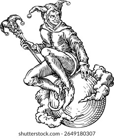 Whimsical black and white engraving-style illustration of a medieval jester or fool playfully balancing on a large, textured sphere, with clouds around him.