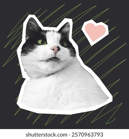 Whimsical Black and White halftone coolage Cat Sticker with Heart Accent