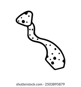 A whimsical black and white hand-drawn illustration of an abstract squiggly shape with dots scattered along its curves.