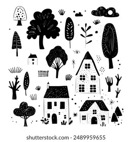 Whimsical Black and White House Illustrations. Black and white illustration