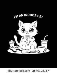 A whimsical black and white illustration of a cartoon cat clearly enjoying a relaxing indoor day.