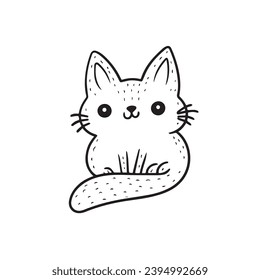 Whimsical black and white illustration of a cat, perfect for coloring, line drawing style