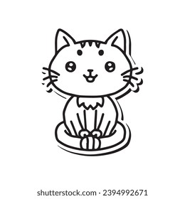 Whimsical black and white illustration of a cat, perfect for coloring, line drawing style