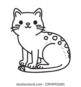 Whimsical black and white illustration of a cat, perfect for coloring, line drawing style