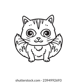 Whimsical black and white illustration of a cat, perfect for coloring, line drawing style