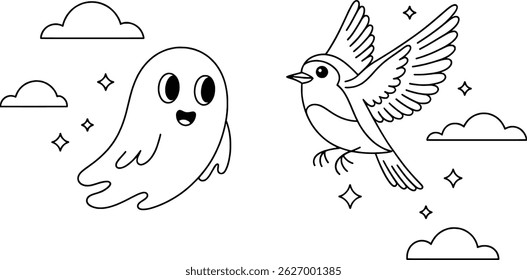 Whimsical black and white illustration featuring a friendly ghost and a flying bird