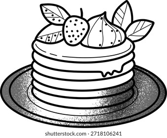 Whimsical schwarz-weiß Illustration eines Stapels von Pfannkuchen mit einer Erdbeere und Schlagsahne auf einem Teller gekrönt