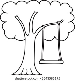A Whimsical Black and White Illustration of a Tree with a Swing, Evoking Childhood Memories and the Simple Joys of Playing Outdoors on a Sunny Day