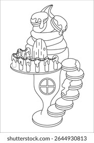Whimsical black and white line art illustration of a charming gingerbread house, perfect for coloring books and creative projects. This delightful candy house design features intricate details, ready
