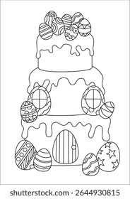 Whimsical black and white line art illustration of a charming gingerbread house, perfect for coloring books and creative projects. This delightful candy house design features intricate details, ready