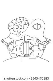 Whimsical black and white line art illustration of a charming gingerbread house, perfect for coloring books and creative projects. This delightful candy house design features intricate details, ready