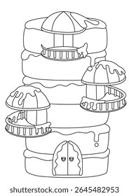 Whimsical black and white line art illustration of a charming gingerbread house, perfect for coloring books and creative projects. This delightful candy house design features intricate details, ready