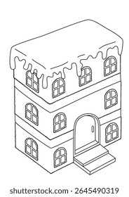 Whimsical black and white line art illustration of a charming gingerbread house, perfect for coloring books and creative projects. This delightful candy house design features intricate details, ready