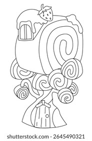 Whimsical black and white line art illustration of a charming gingerbread house, perfect for coloring books and creative projects. This delightful candy house design features intricate details, ready