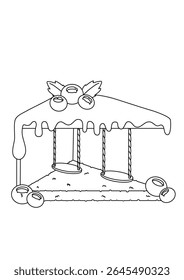 Whimsical black and white line art illustration of a charming gingerbread house, perfect for coloring books and creative projects. This delightful candy house design features intricate details, ready
