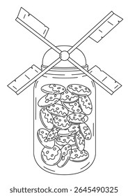 Whimsical black and white line art illustration of a charming gingerbread house, perfect for coloring books and creative projects. This delightful candy house design features intricate details, ready
