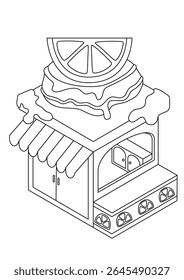 Whimsical black and white line art illustration of a charming gingerbread house, perfect for coloring books and creative projects. This delightful candy house design features intricate details, ready