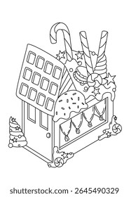 Whimsical black and white line art illustration of a charming gingerbread house, perfect for coloring books and creative projects. This delightful candy house design features intricate details, ready