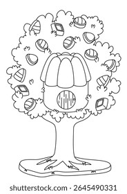 Whimsical black and white line art illustration of a charming gingerbread house, perfect for coloring books and creative projects. This delightful candy house design features intricate details, ready