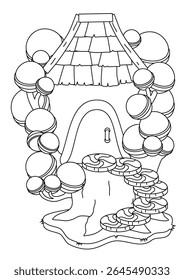 Whimsical black and white line art illustration of a charming gingerbread house, perfect for coloring books and creative projects. This delightful candy house design features intricate details, ready