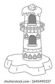 Whimsical black and white line art illustration of a charming gingerbread house, perfect for coloring books and creative projects. This delightful candy house design features intricate details, ready