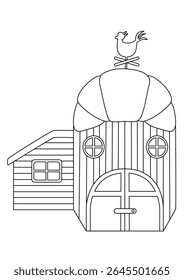Whimsical black and white line art illustration of a charming gingerbread house, perfect for coloring books and creative projects. This delightful candy house design features intricate details, ready