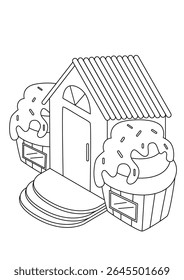 Whimsical black and white line art illustration of a charming gingerbread house, perfect for coloring books and creative projects. This delightful candy house design features intricate details, ready