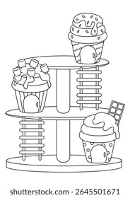 Whimsical black and white line art illustration of a charming gingerbread house, perfect for coloring books and creative projects. This delightful candy house design features intricate details, ready