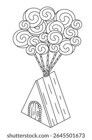 Whimsical black and white line art illustration of a charming gingerbread house, perfect for coloring books and creative projects. This delightful candy house design features intricate details, ready